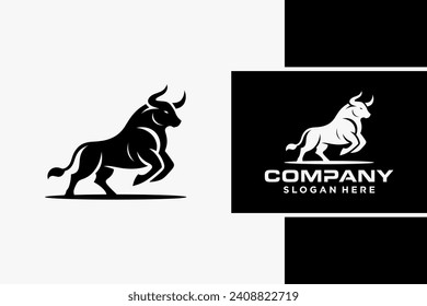 Bull Logo Design, Bull silhouette, symbol of the year in the Chinese zodiac calendar. Vector illustration of a standing horned ox or a black angus isolated on a black and white background