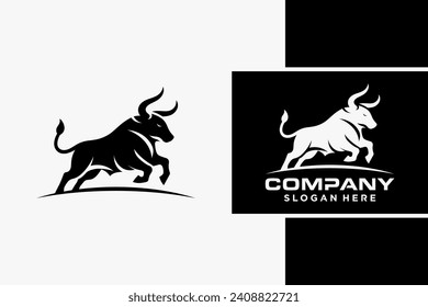 Bull Logo Design, Bull silhouette, symbol of the year in the Chinese zodiac calendar. Vector illustration of a standing horned ox or a black angus isolated on a black and white background