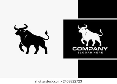 Bull Logo Design, Bull silhouette, symbol of the year in the Chinese zodiac calendar. Vector illustration of a standing horned ox or a black angus isolated on a black and white background