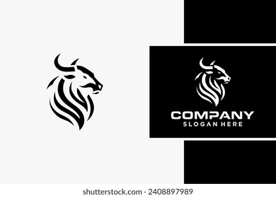 Bull Logo Design, Bull silhouette, symbol of the year in the Chinese zodiac calendar. Vector illustration of a standing horned ox or a black angus isolated on a black and white background