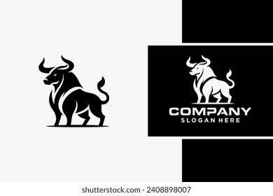 Bull Logo Design, Bull silhouette, symbol of the year in the Chinese zodiac calendar. Vector illustration of a standing horned ox or a black angus isolated on a black and white background