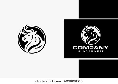 Bull Logo Design, Bull silhouette, symbol of the year in the Chinese zodiac calendar. Vector illustration of a standing horned ox or a black angus isolated on a black and white background