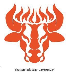 Bull logo with fire on the horns. Angus icon. Taurus illustration design. Cow head mascot. Steakhouse, bbq or grill logotype. Suitable for ranch, steakhouse, restaurants, farms, meat and cattle.