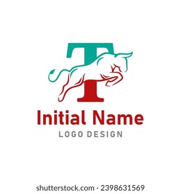 Bull Logo of Letter T business name, bison brave icon clipart vector.