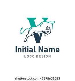 Bull Logo of Letter V business name, bison brave icon clipart vector.