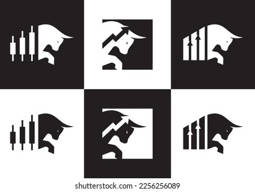 bull logo set with growth chart financial symbol icon vector.