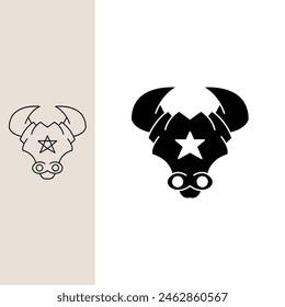 bull logo with a star on its forehead, monoline style and silhouette stylish.