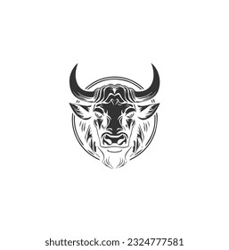 Símbolo vectorial de la plantilla de logotipo de toro. Logo de la cabeza de toro. Resumen estilizado de vaca o de cabeza de toro con icono de cuernos. Logotipo premium para el steak house, el restaurante de carne o la carnicería. Vector de un toro sobre un fondo blanco.