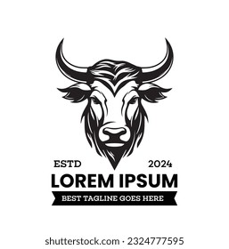 Símbolo vectorial de la plantilla de logotipo de toro. Logo de la cabeza de toro. Resumen estilizado de vaca o de cabeza de toro con icono de cuernos. Logotipo premium para el steak house, el restaurante de carne o la carnicería. Vector de un toro sobre un fondo blanco.