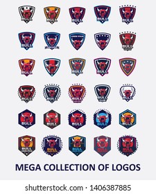 Bull logos. Set of 30 bull badges for your business. Modern design templates for your team sport