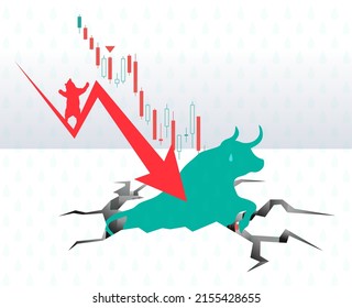 Bull lose stuck in cracked floor, bear win the market. market down trend collapse. Share, stock, crypto currency, coin, market, finance, business, invest vector illustration.