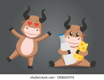 A bull in love jumps to another bull who holds a bottle of milk and a piece of cheese in his hand
