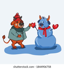 bull made a snowman in the form of a cow