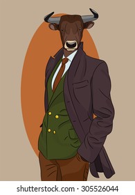 Bull man dressed up in suit and coat. Vintage fashion. Anthropomorphic vector illustration eps8