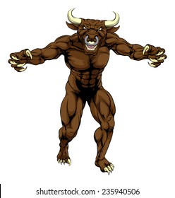 A bull man minotaur sports mascot character attacking with claws out