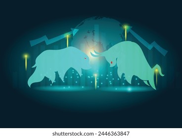 Bull market or bear marke. Bull and graph running on rising up upward. Bitcoin crypto currency bear market crash stock trading exchange, Vector concept of business and finance.