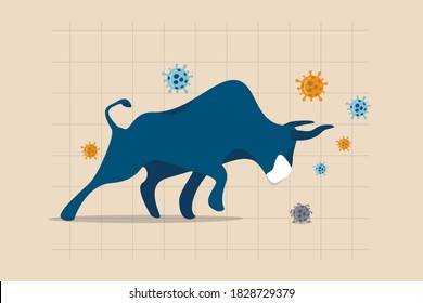 Bull Market In COVID-19 Outbreak, Stock Market Recover From Coronavirus Crisis Or Economic Stimulus Make Stock Price Rising Concept, Raging Bull Wearing Face Mask On Chart And Graph, Virus Pathogen.