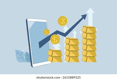 Bull market of gold investment, Gold growth, The profit of an investment increases or soars rapidly, Investment concept, Flat vector design illustration.