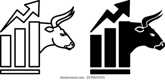 Bull Market Icons. Black And White Vector Illustrations. Stock Price Rising. Arrow On Chart Pointing Up. Bull Head with Horns Stock Market Concept