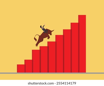 Bull market rises, Financial Success and Business Investment. Businessman riding a bull and jumping up the graph.