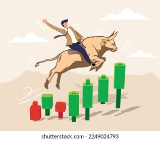 Bull market or Bull Run. Businessman investor riding bull running on rising up upward green graph or Businessman getting on a large bull market running up. Price rising up. 