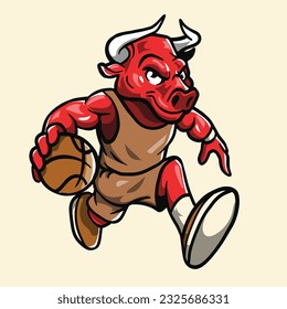 Bull Mascot As a Basket Ball Player, editable color - vector