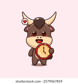 bull mascot cartoon character vector illustration with clock. 
Design element for poster, brochure, web, mascot, sticker, logo and icon.