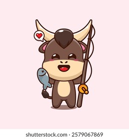 bull mascot cartoon character vector illustration catching fish with fishing rod.
design element for poster, brochure, web, mascot, sticker, logo and icon.