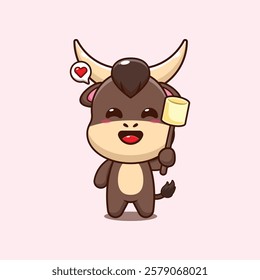 bull mascot cartoon character vector illustration eating marshmallow.
Design element for poster, brochure, web, mascot, sticker, logo and icon.