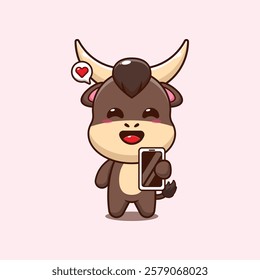 bull mascot cartoon character vector illustration with mobile phone.
Design element for poster, brochure, web, mascot, sticker, logo and icon.