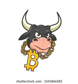 Bull mascot character with bitcoin necklace cartoon