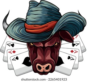 Bull mascot, with hat and poker ace