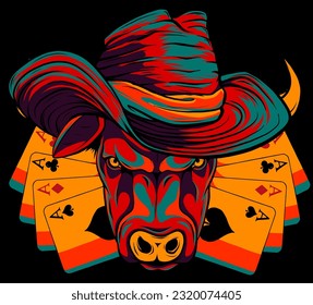 Bull mascot, with hat and poker ace on black background