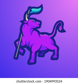 Bull mascot logo design vector with modern illustration concept style for badge, emblem and t shirt printing. Bull carrying a flag