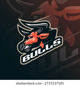 Vector de diseño de logotipo de mascota de toro. Ilustración de cabeza de toro para el deporte y el equipo de deportes electrónicos.
