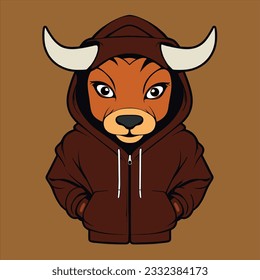 Bull mascot wearing a jacket hoodie. Cartoon vector icon. Flat Cartoon Style.