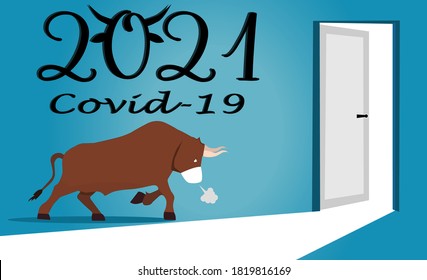 The bull in mask goes to the door of 2021. Opened door for the new year. New Year is coming with new reality. Concept. ext year on a blue background. Vector illustration. Coronavirus concept. Covid-19