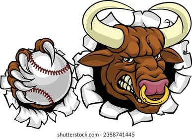 A bull or Minotaur monster longhorn cow angry mean baseball mascot cartoon. 