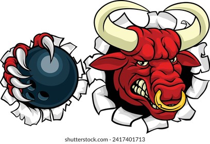 A bull or Minotaur monster longhorn cow angry mean ten pin bowing mascot cartoon. 