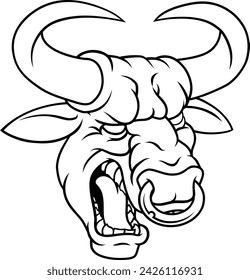 A bull or Minotaur monster longhorn cow angry mean head mascot face cartoon. With a ring through their nose.
