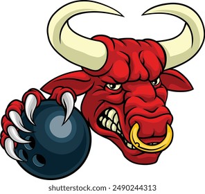 A bull or Minotaur monster longhorn cow angry mean ten pin bowing mascot cartoon. 