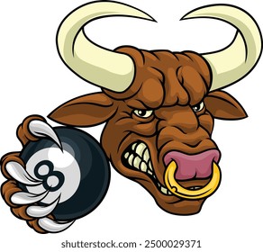 A bull or Minotaur monster longhorn cow angry mean pool mascot cartoon character. 