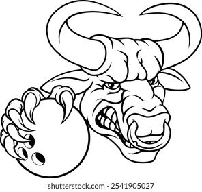 Um touro ou Minotaur monstro longhorn vaca irritado significa dez pinos curvando mascote cartoon. 