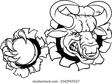 Um touro ou monstro Minotauro vaca longhorn irritado personagem de animação mascote de críquete. 