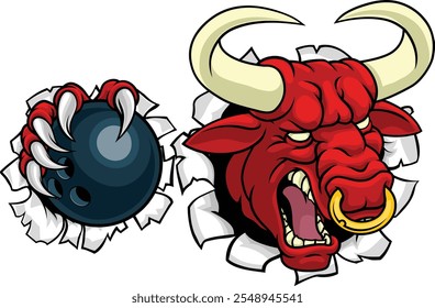 Um touro ou Minotaur monstro longhorn vaca irritado significa dez pinos curvando mascote cartoon. 