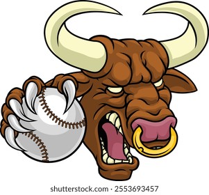 A bull or Minotaur monster longhorn cow angry mean baseball mascot cartoon. 