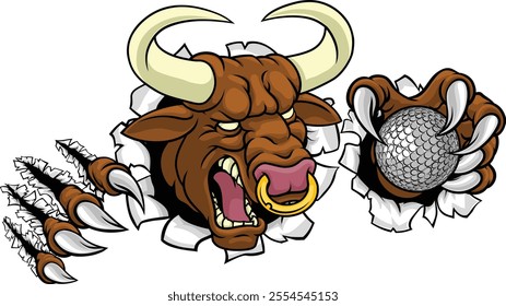 A bull or Minotaur monster longhorn cow angry mean golf mascot cartoon character. 