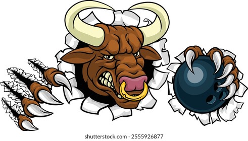 A bull or Minotaur monster longhorn cow angry mean ten pin bowing mascot cartoon. 