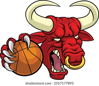 A bull or Minotaur monster longhorn cow angry mean basketball mascot cartoon. 