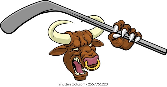 A bull or Minotaur monster longhorn cow angry mean ice hockey mascot cartoon character. 